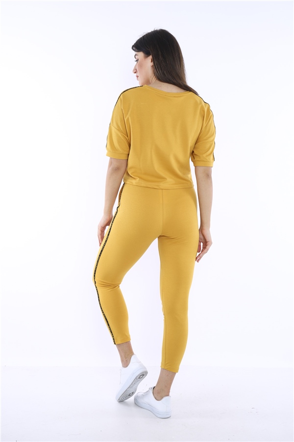 Escetic Hardal Kadın Baskı Şerit Detaylı ABD Pike Nefes Alan T-shirt Takım A3000