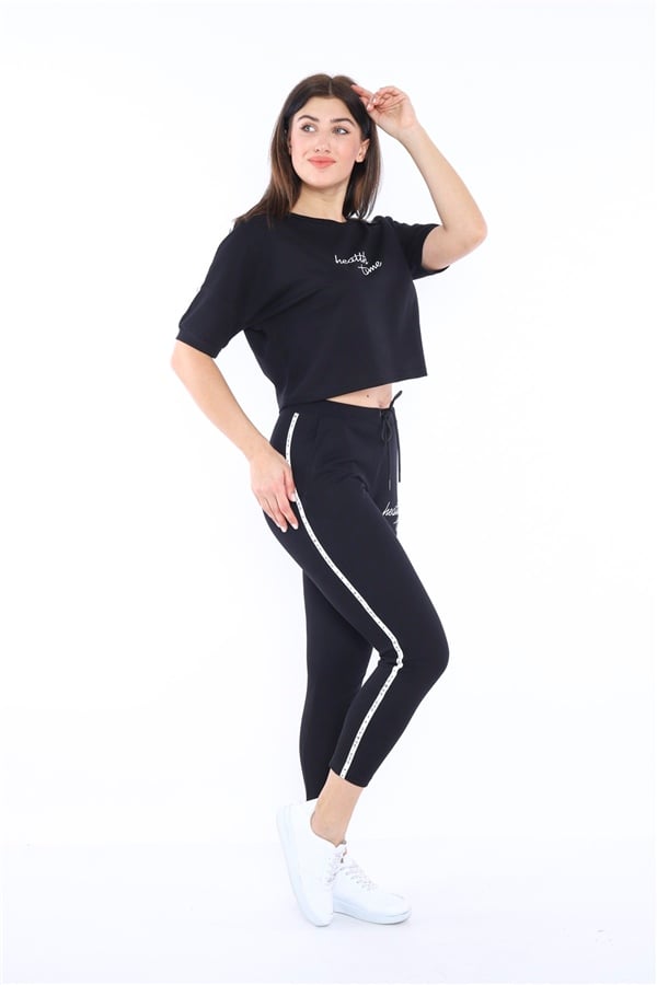 Escetic Siyah Kadın Baskı Şerit Detaylı ABD Pike Nefes Alan T-shirt Takım A3000