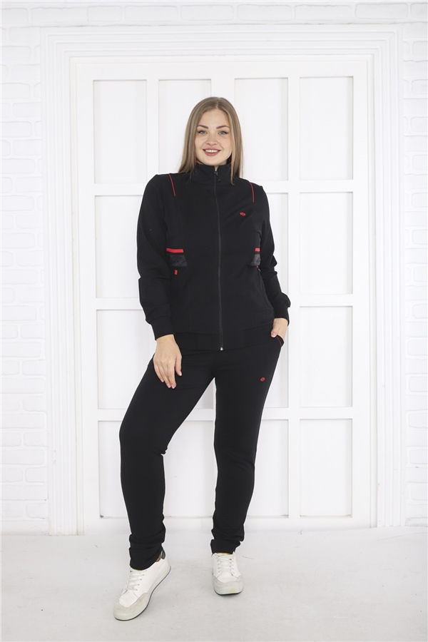 Escetic Kadın Siyah Battal/Büyük Beden Dik Yaka 4 Mevsim Süper 2 İplik Spor Eşofman Takımı 6232