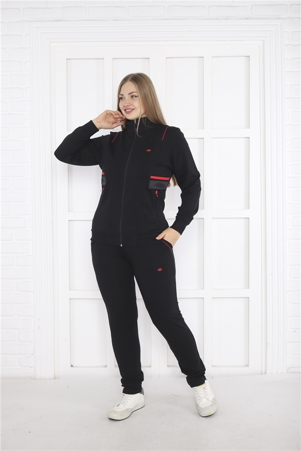 Escetic Kadın Siyah Battal/Büyük Beden Dik Yaka 4 Mevsim Süper 2 İplik Spor Eşofman Takımı 6232