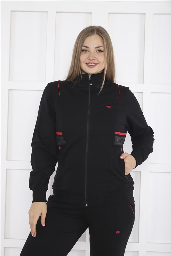 Escetic Kadın Siyah Battal/Büyük Beden Dik Yaka 4 Mevsim Süper 2 İplik Spor Eşofman Takımı 6232
