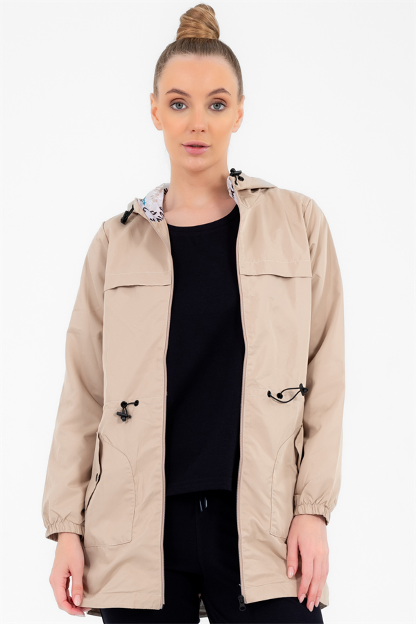 Escetic Kadın Bej Rüzgarlık Sabit Kapüşonlu Desenli Astarlı Su İtici Mevsimlik İnce Ceket 6562