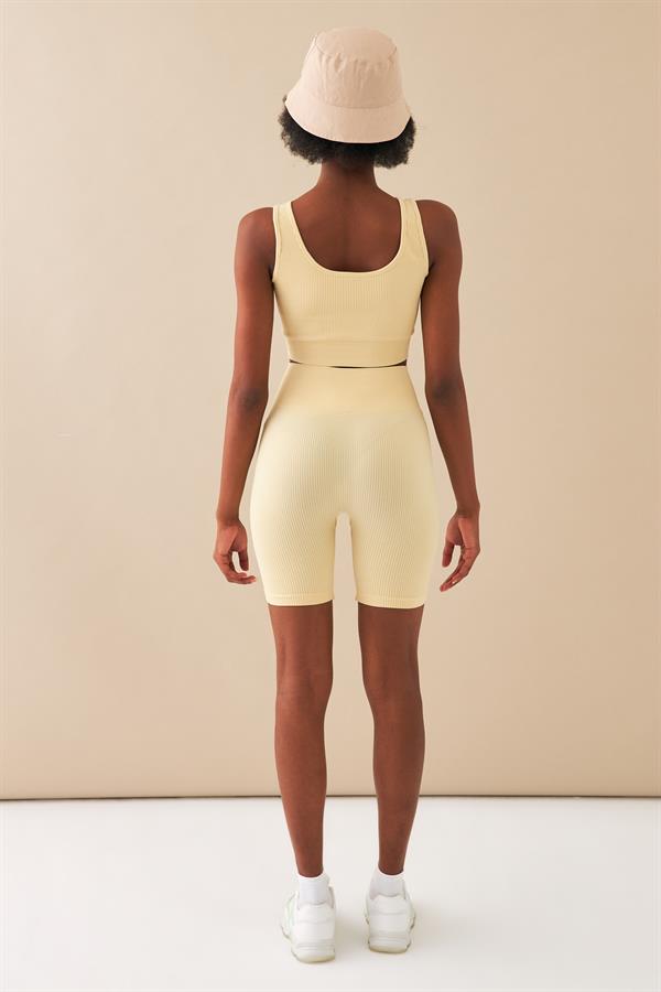 Kadın Bej Toparlayıcı Yüksek Bel Esnek Fitness Yoga Plates Bra Şort Tayt Takım A3087