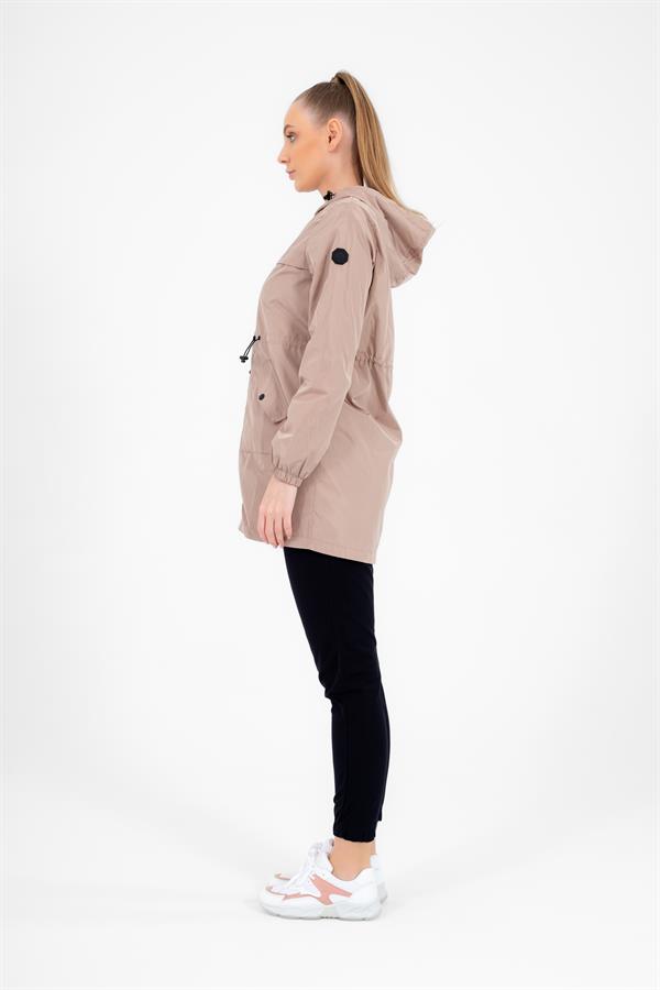 Escetic Kadın Bej Rüzgarlık Sabit Kapüşonlu Desenli Astarlı Su İtici Mevsimlik İnce Ceket 6562