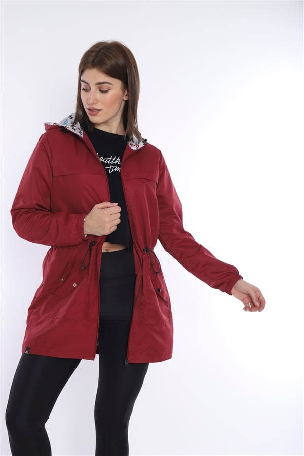 Escetic Kadın Bordo Rüzgarlık Sabit Kapüşonlu Desenli Astarlı Su İtici Mevsimlik İnce Ceket 6562