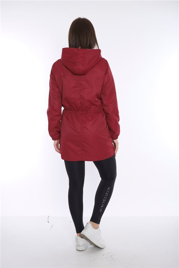 Escetic Kadın Bordo Rüzgarlık Sabit Kapüşonlu Desenli Astarlı Su İtici Mevsimlik İnce Ceket 6562