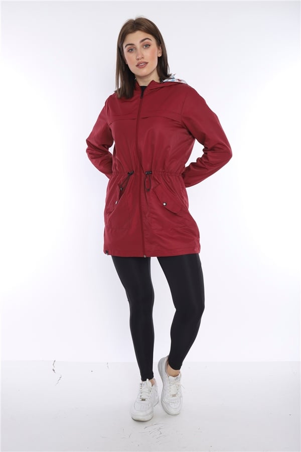 Escetic Kadın Bordo Rüzgarlık Sabit Kapüşonlu Desenli Astarlı Su İtici Mevsimlik İnce Ceket 6562