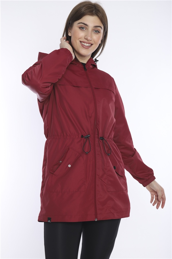 Kadın Bordo Yağmurluk, Rüzgarlık, İnce Kapsonlu Ceket