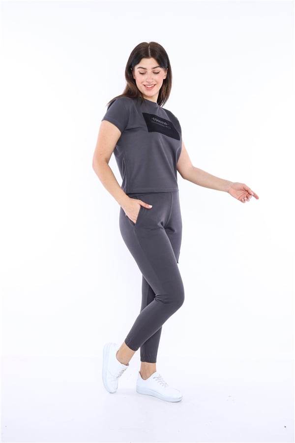 Escetic Füme Kadın Dokuma Detaylı ABD Pike Nefes Alan T-shirt Takım A3004