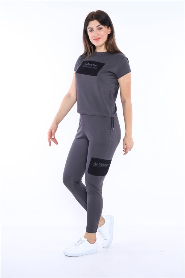 Escetic Füme Kadın Dokuma Detaylı ABD Pike Nefes Alan T-shirt Takım A3004