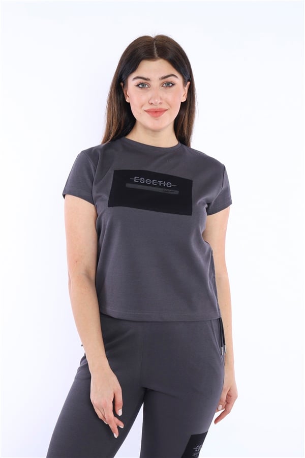 Escetic Füme Kadın Dokuma Detaylı ABD Pike Nefes Alan T-shirt Takım A3004