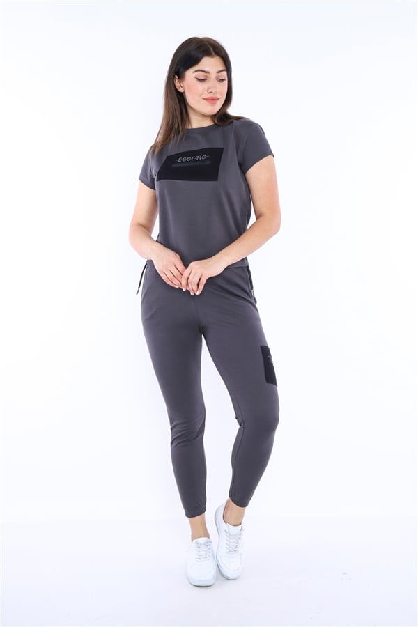 Escetic Füme Kadın Dokuma Detaylı ABD Pike Nefes Alan T-shirt Takım A3004