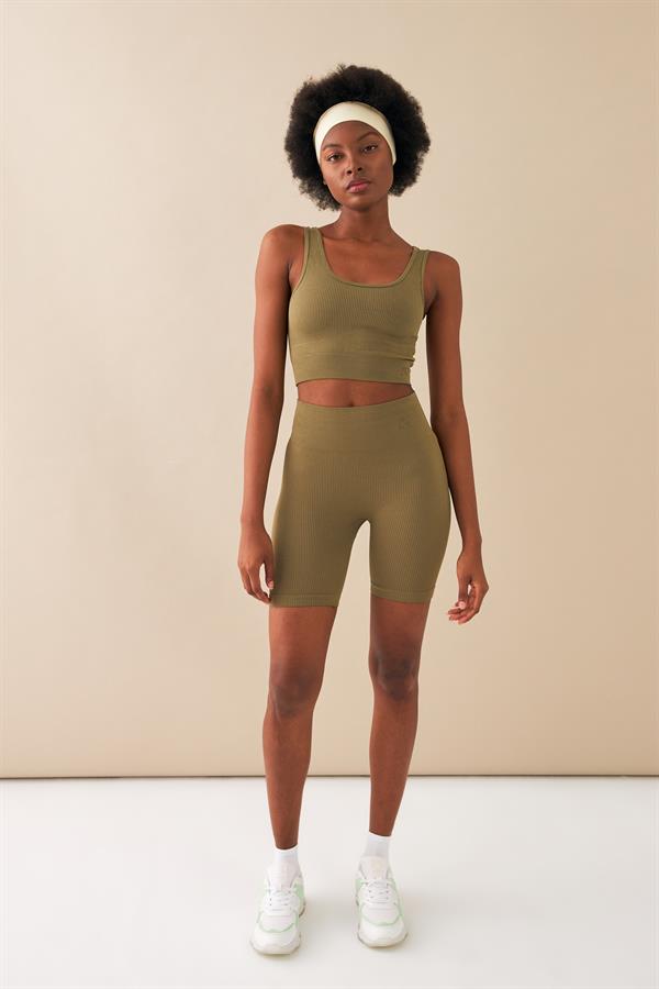 Kadın Haki Toparlayıcı Yüksek Bel Esnek Fitness Yoga Plates Bra Şort Tayt Takım A3087