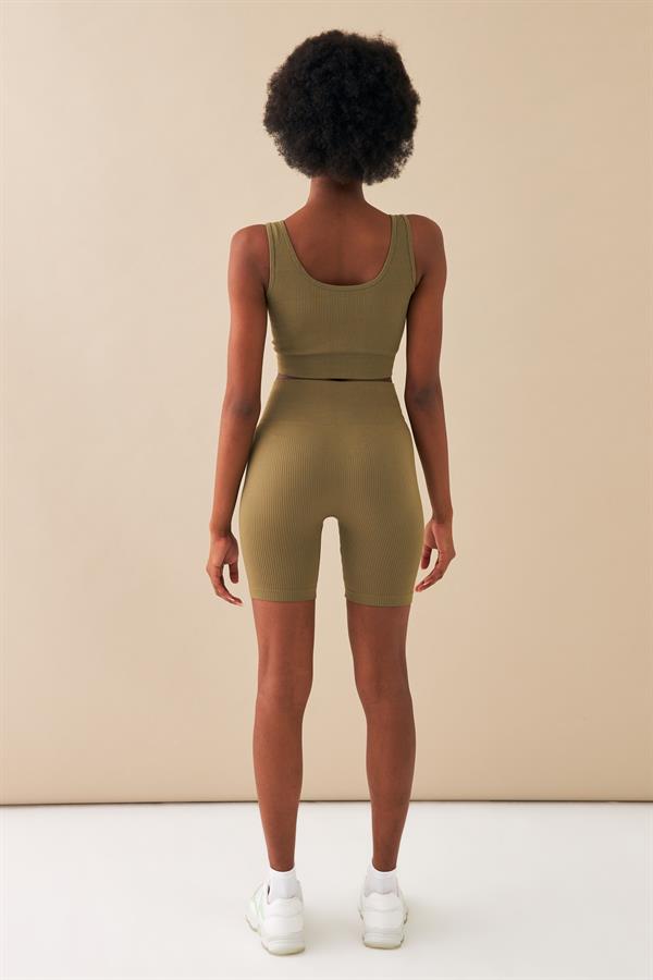 Kadın Haki Toparlayıcı Yüksek Bel Esnek Fitness Yoga Plates Bra Şort Tayt Takım A3087