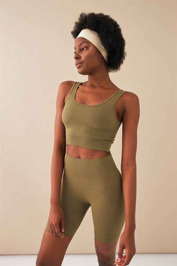 Kadın Haki Toparlayıcı Yüksek Bel Esnek Fitness Yoga Plates Bra Şort Tayt Takım A3087