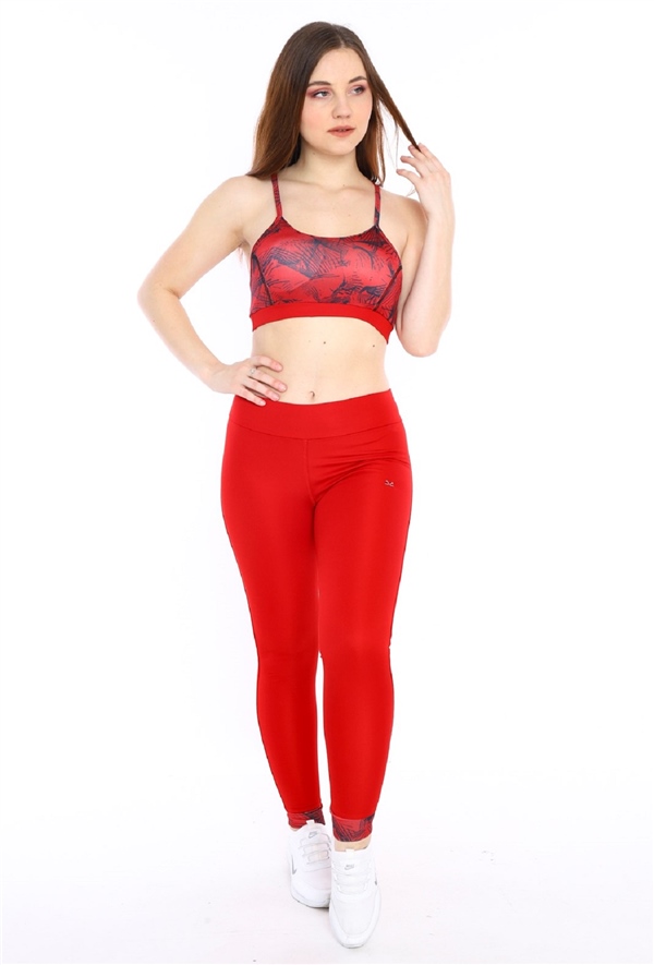 Escetic Kırmızı Kadın Normal Bel Tayt Büstiyer Takım 0288