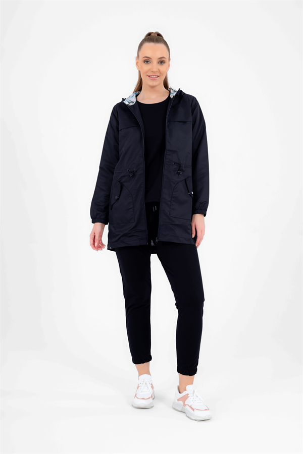 Escetic Kadın Lacivert Rüzgarlık 2 Cepli Sabit Kapüşonlu Desenli Astarlı Su İtici Mevsimlik İnce Ceket 6562