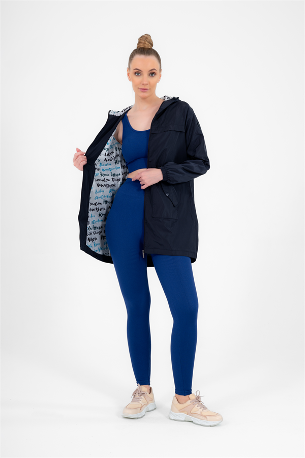 Escetic Kadın Lacivert Rüzgarlık 2 Cepli Sabit Kapüşonlu Desenli Astarlı Su İtici Mevsimlik İnce Ceket 6562