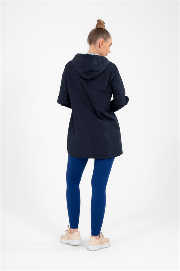 Escetic Kadın Lacivert Rüzgarlık 2 Cepli Sabit Kapüşonlu Desenli Astarlı Su İtici Mevsimlik İnce Ceket 6562
