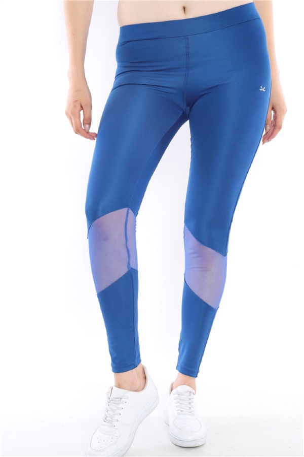 Escetic Saks Mavi Kadın Polyester Normal Bel Diz Altı Transparan Detay Spor Tayt 0351