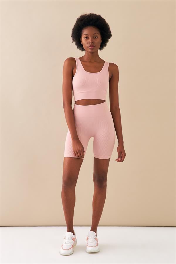 Kadın Pembe Toparlayıcı Yüksek Bel Esnek Fitness Yoga Plates Bra Şort Tayt Takım A3087