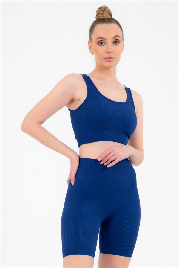 Kadın Saks Mavisi Toparlayıcı Yüksek Bel Esnek Fitness Yoga Plates Bra Şort Tayt Takım A3087