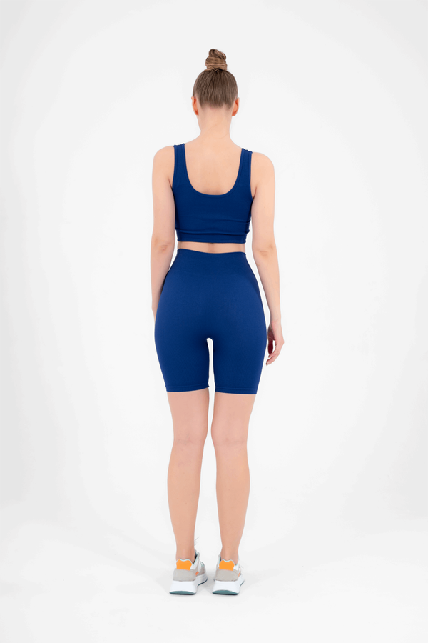 Kadın Saks Mavisi Toparlayıcı Yüksek Bel Esnek Fitness Yoga Plates Bra Şort Tayt Takım A3087