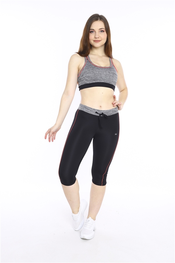 Escetic Kadın Siyah Kırçıllı Fitness Bra Yoga Spor Büstiyer Kapri Tayt Takım 0116-1