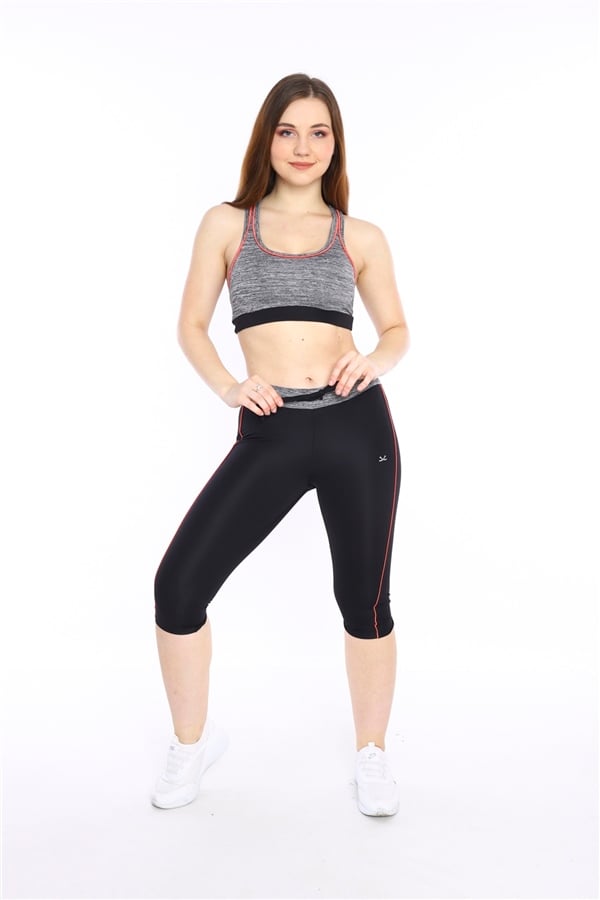 Escetic Kadın Siyah Kırçıllı Fitness Bra Yoga Spor Büstiyer Kapri Tayt Takım 0116-1