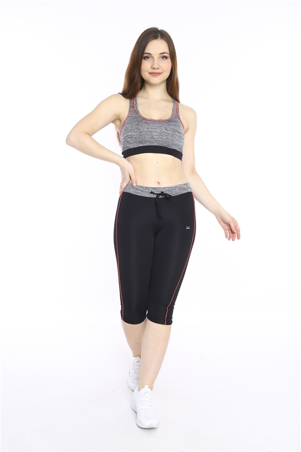 Escetic Kadın Siyah Kırçıllı Fitness Bra Yoga Spor Büstiyer Kapri Tayt Takım 0116-1