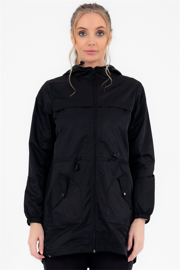 Escetic Kadın Siyah Rüzgarlık Sabit Kapüşonlu Desenli Astarlı Su İtici Mevsimlik İnce Ceket 6562