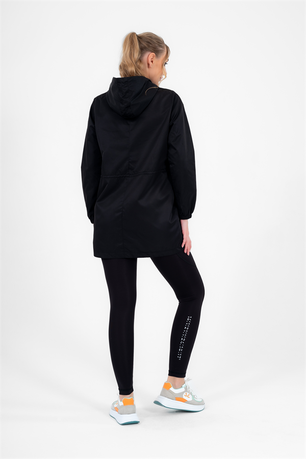 Escetic Kadın Siyah Rüzgarlık Sabit Kapüşonlu Desenli Astarlı Su İtici Mevsimlik İnce Ceket 6562