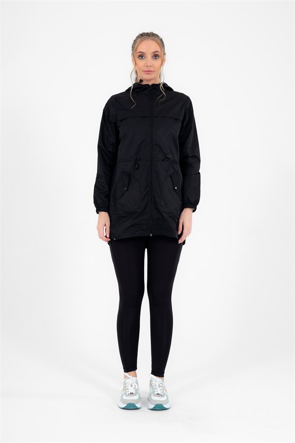 Escetic Kadın Siyah Rüzgarlık Sabit Kapüşonlu Desenli Astarlı Su İtici Mevsimlik İnce Ceket 6562