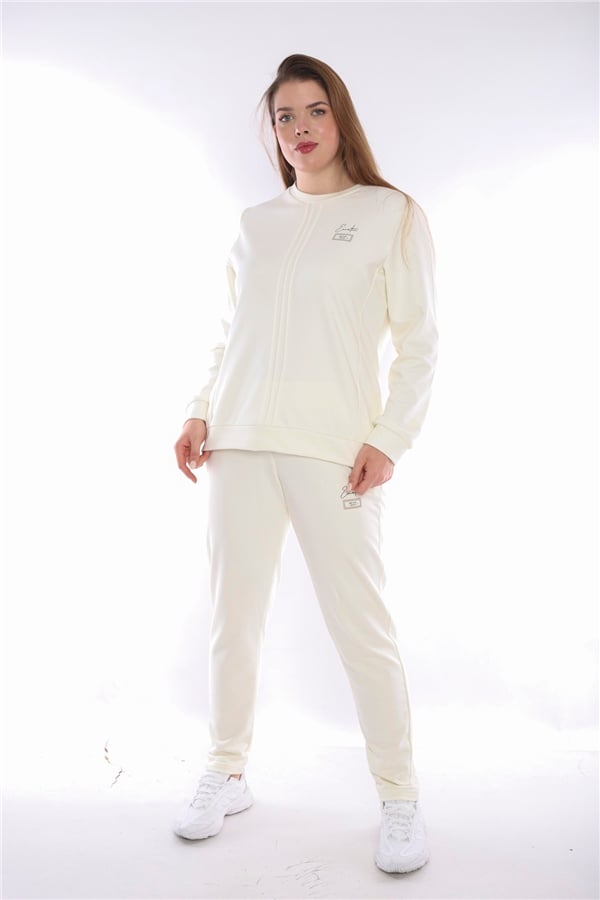 Escetic Ekru Kadın Battal Beden 3 İplik Nefes Alabilen Spor Sweat Eşofman Takımı A3052