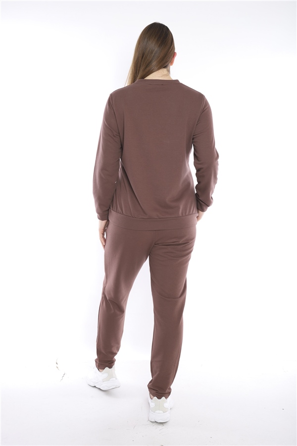 Escetic Kahve Battal Beden 3 İplik Nefes Alabilen Spor Sweat Eşofman Takımı A3052