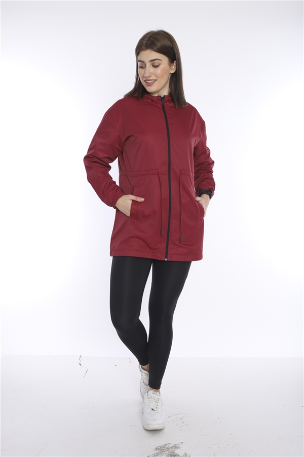 Escetic Kadın Bordo File Astarlı Cepli Kapüşonlu Spor Rüzgarlık Yagmurluk İnce Ceket 6723