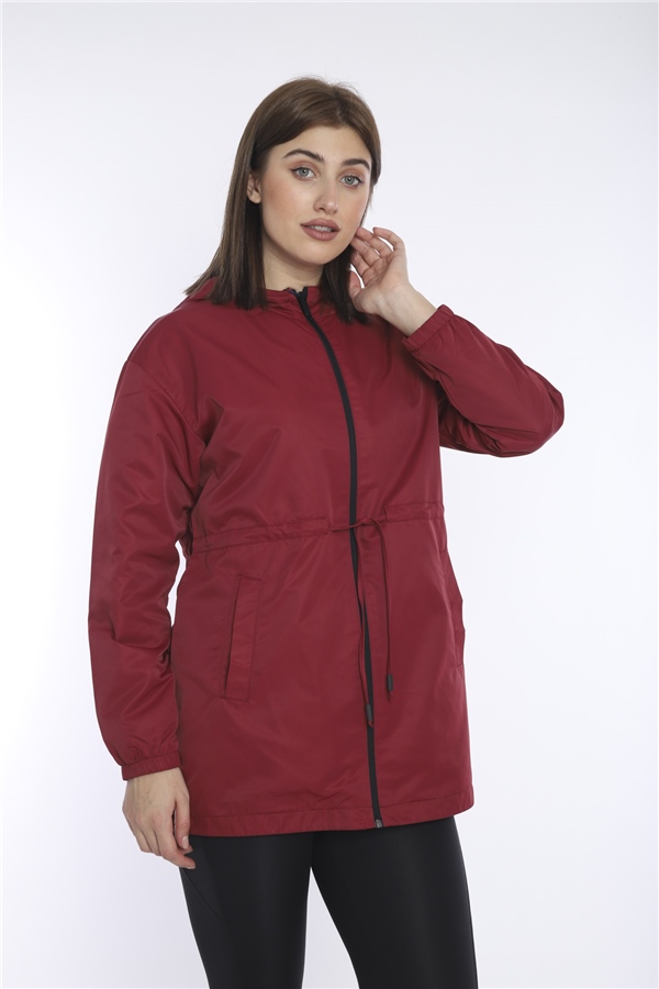 Escetic Kadın Bordo File Astarlı Cepli Kapüşonlu Spor Rüzgarlık Yagmurluk İnce Ceket 6723