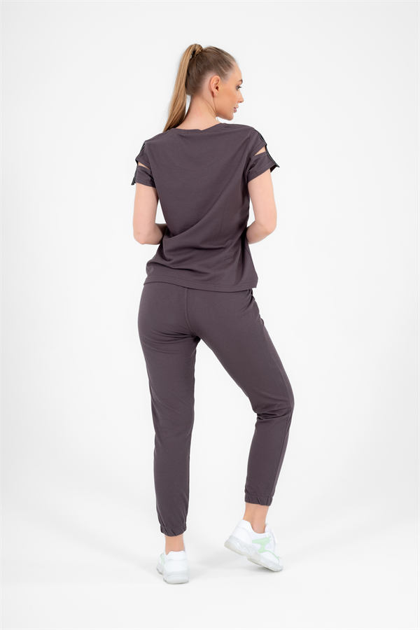 Escetic Füme Kadın Nakış Detaylı ABD Pike Nefes Alan T-shirt Takım A3068