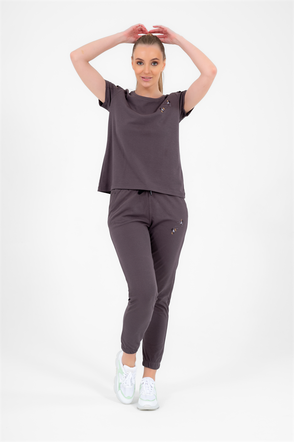 Escetic Füme Kadın Nakış Detaylı ABD Pike Nefes Alan T-shirt Takım A3068