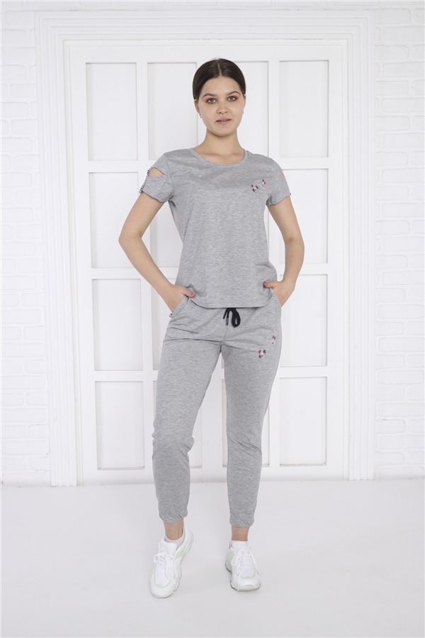 Escetic G2 Melanj Kadın Nakış Detaylı ABD Pike Nefes Alan T-shirt Takım A3068