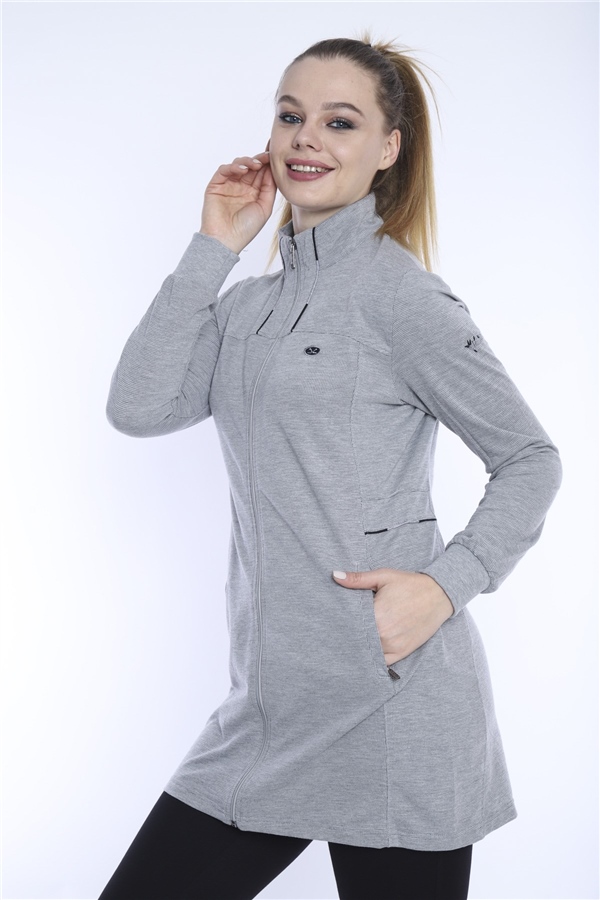 Escetic G2 Melanj Kadın Yazlık Dik Yaka Cepli Fermuarlı Spor Slimfit Tunik Eşofman Takımı 6760