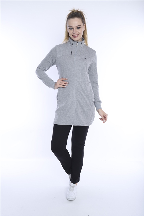 Escetic G2 Melanj Kadın Yazlık Dik Yaka Cepli Fermuarlı Spor Slimfit Tunik Eşofman Takımı 6760