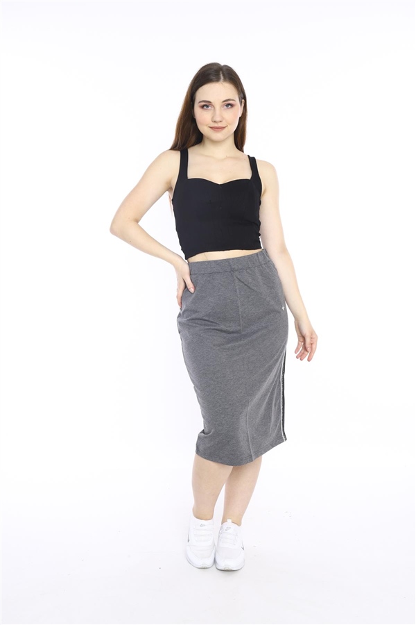 Escetic G3 (Koyu Gri) Kadın Süper 2 İplik Yırtmaç Şerit Detaylı Spor Etek 0617