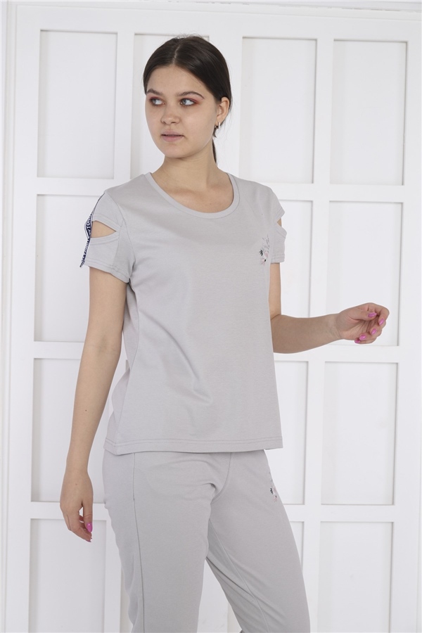 Escetic Gri Kadın Nakış Detaylı ABD Pike Nefes Alan T-shirt Takım A3068