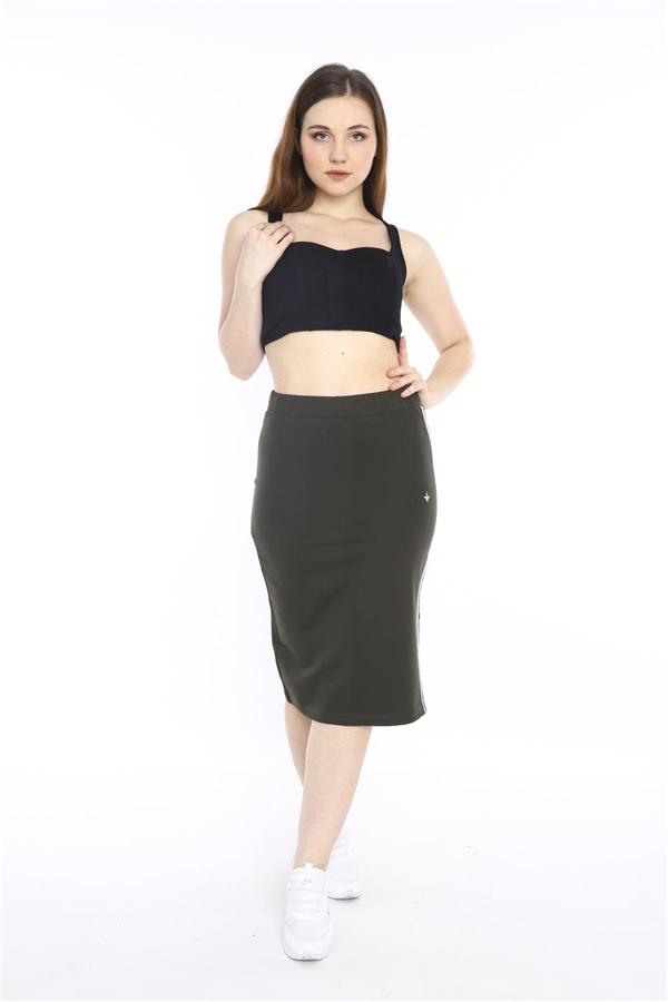 Escetic Haki Kadın Süper 2 İplik Yırtmaç Şerit Detaylı Spor Etek 0617