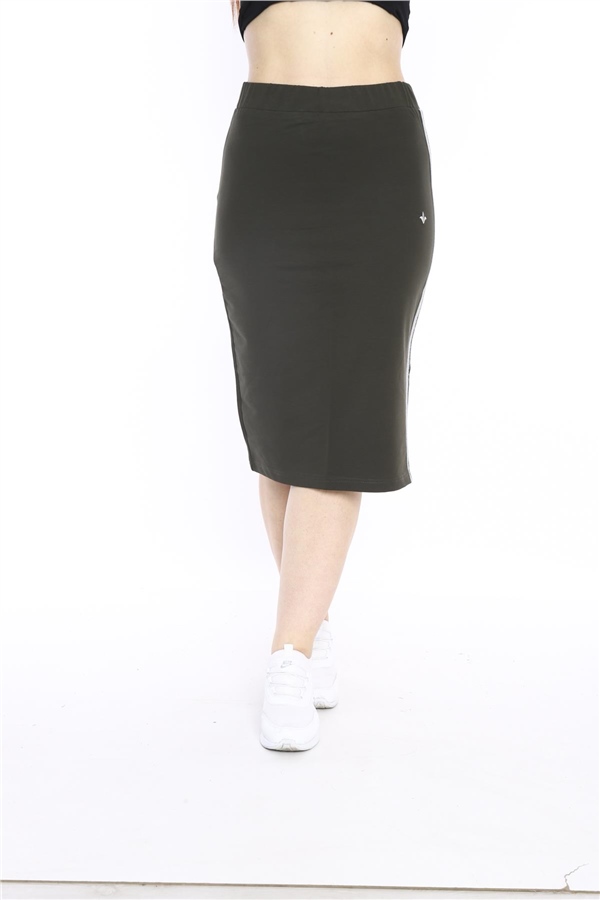 Escetic Haki Kadın Süper 2 İplik Yırtmaç Şerit Detaylı Spor Etek 0617