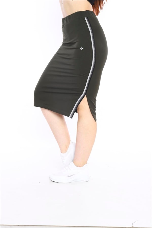 Escetic Haki Kadın Süper 2 İplik Yırtmaç Şerit Detaylı Spor Etek 0617