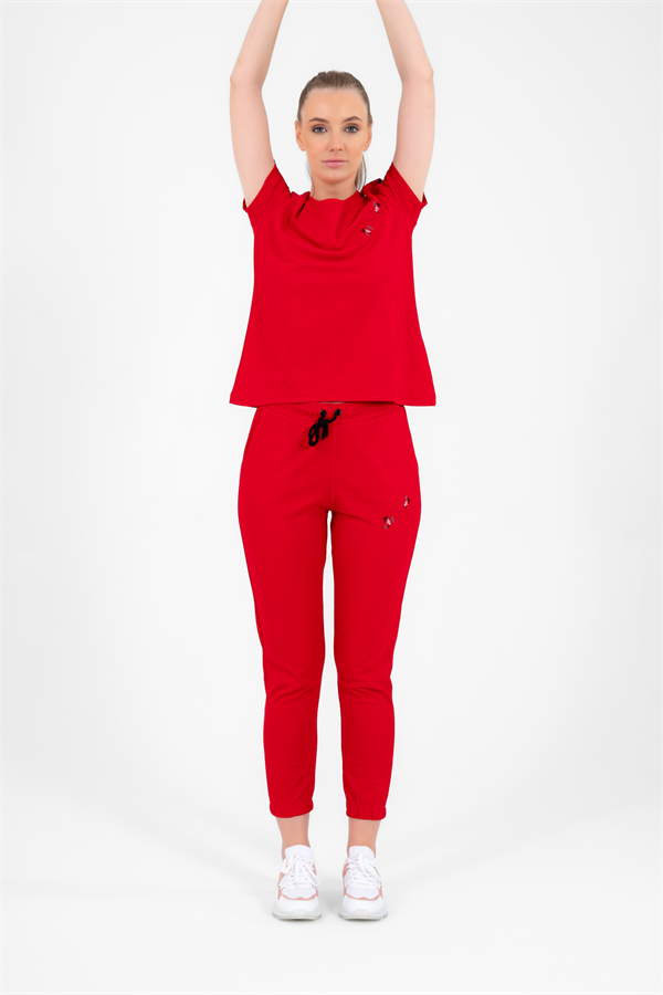 Escetic Kırmızı Kadın Nakış Detaylı ABD Pike Nefes Alan T-shirt Takım A3068