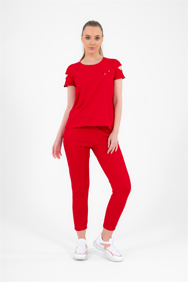 Escetic Kırmızı Kadın Nakış Detaylı ABD Pike Nefes Alan T-shirt Takım A3068