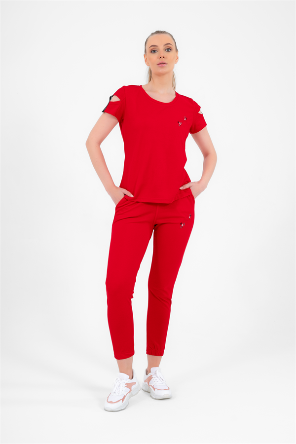 Escetic Kırmızı Kadın Nakış Detaylı ABD Pike Nefes Alan T-shirt Takım A3068